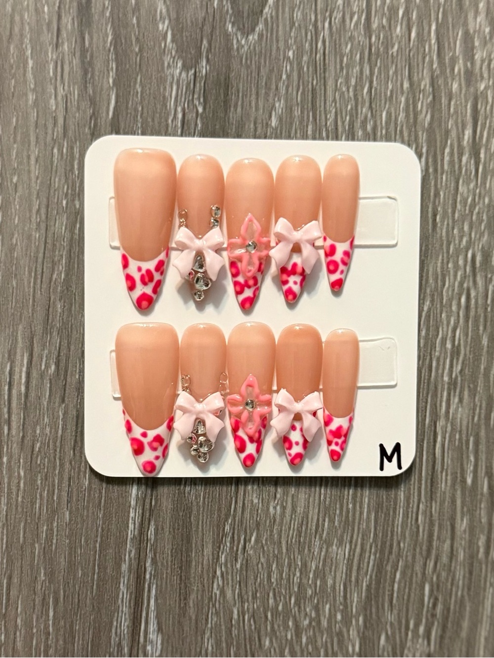 Pink Leopard Bow Stiletto Press-On Nail Set with Rhinestone Accents